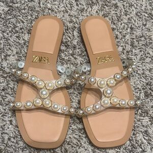 Zara Pearl Embellished Sandals with Tan Soles